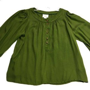 Anthropologie Maeve Green Popover Balloon Sleeve Top